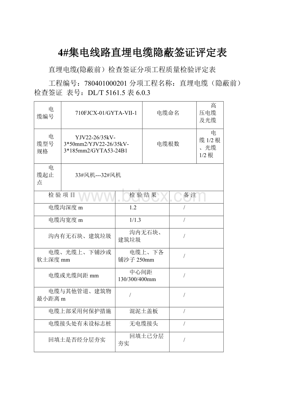 4#集电线路直埋电缆隐蔽签证评定表.docx_第1页