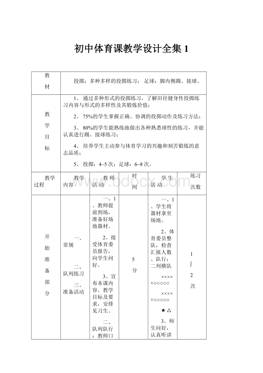 初中体育课教学设计全集1.docx_第1页