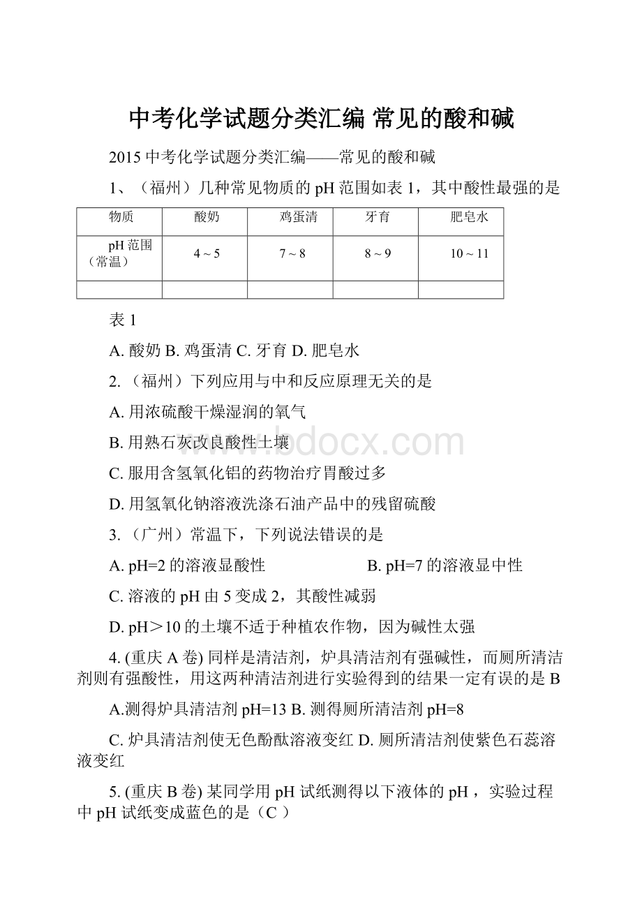 中考化学试题分类汇编 常见的酸和碱.docx_第1页