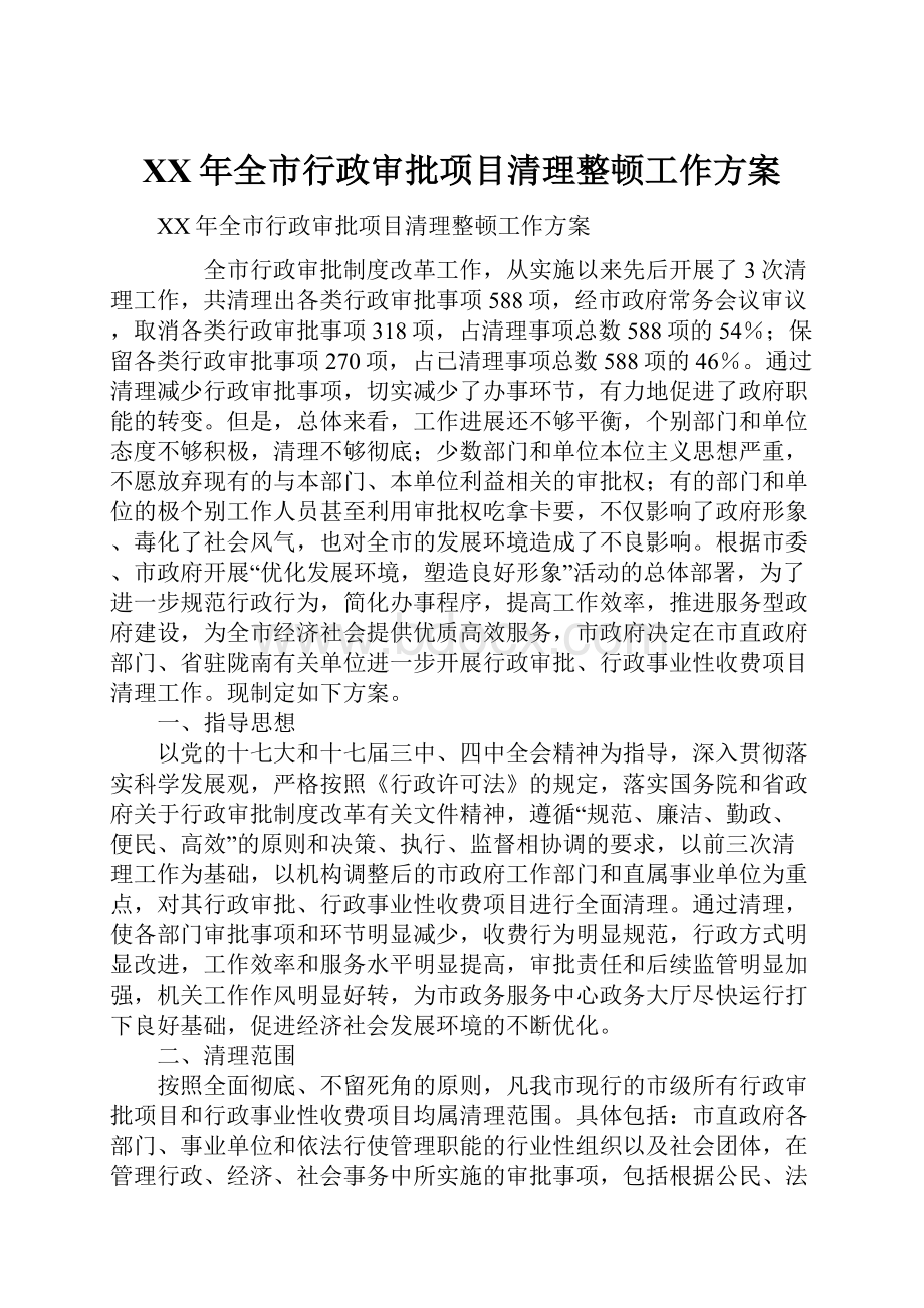 XX年全市行政审批项目清理整顿工作方案.docx