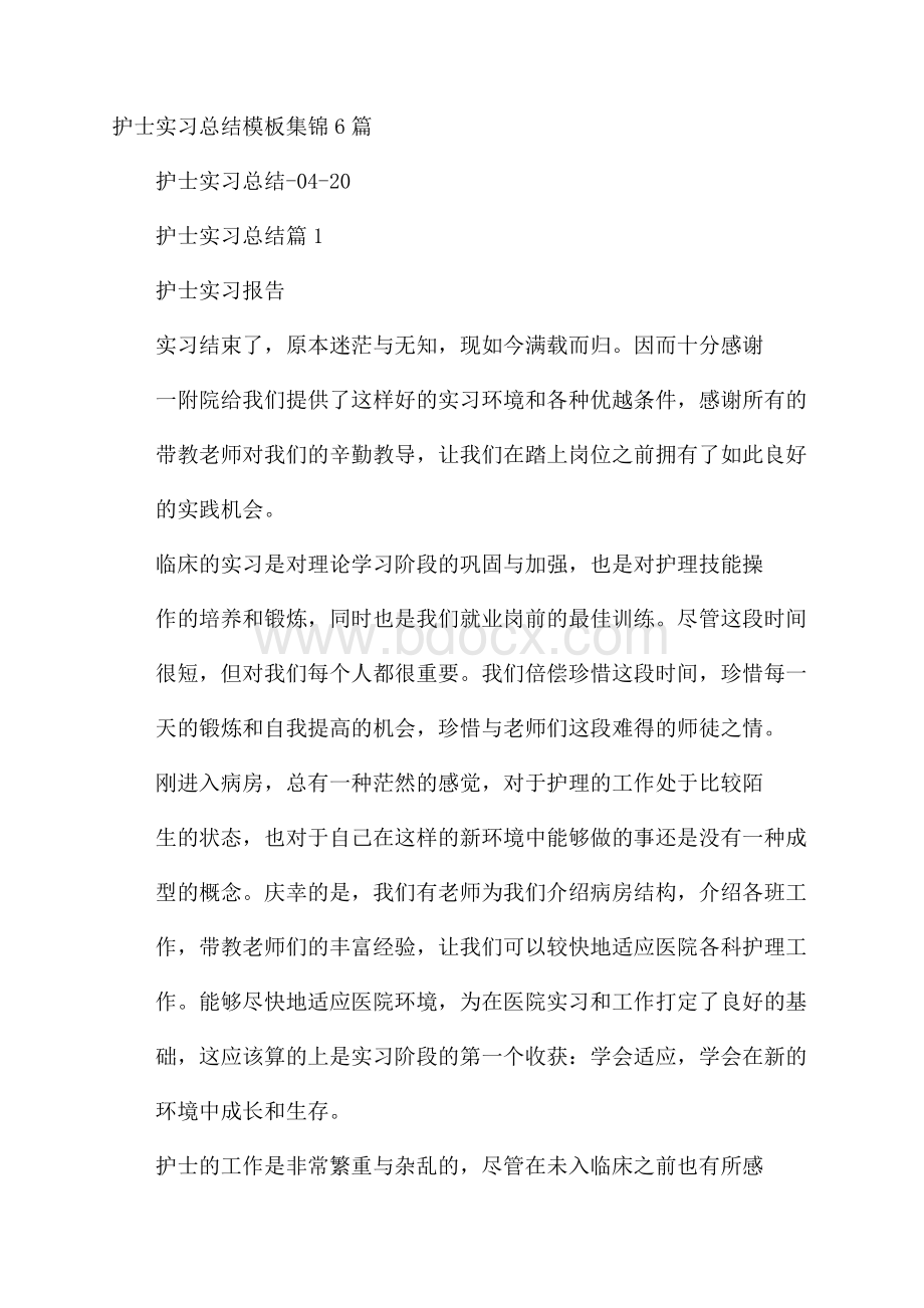 护士实习总结模板集锦6篇.docx_第1页