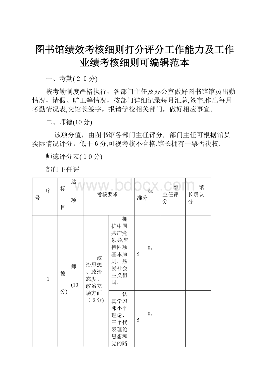 图书馆绩效考核细则打分评分工作能力及工作业绩考核细则可编辑范本.docx_第1页