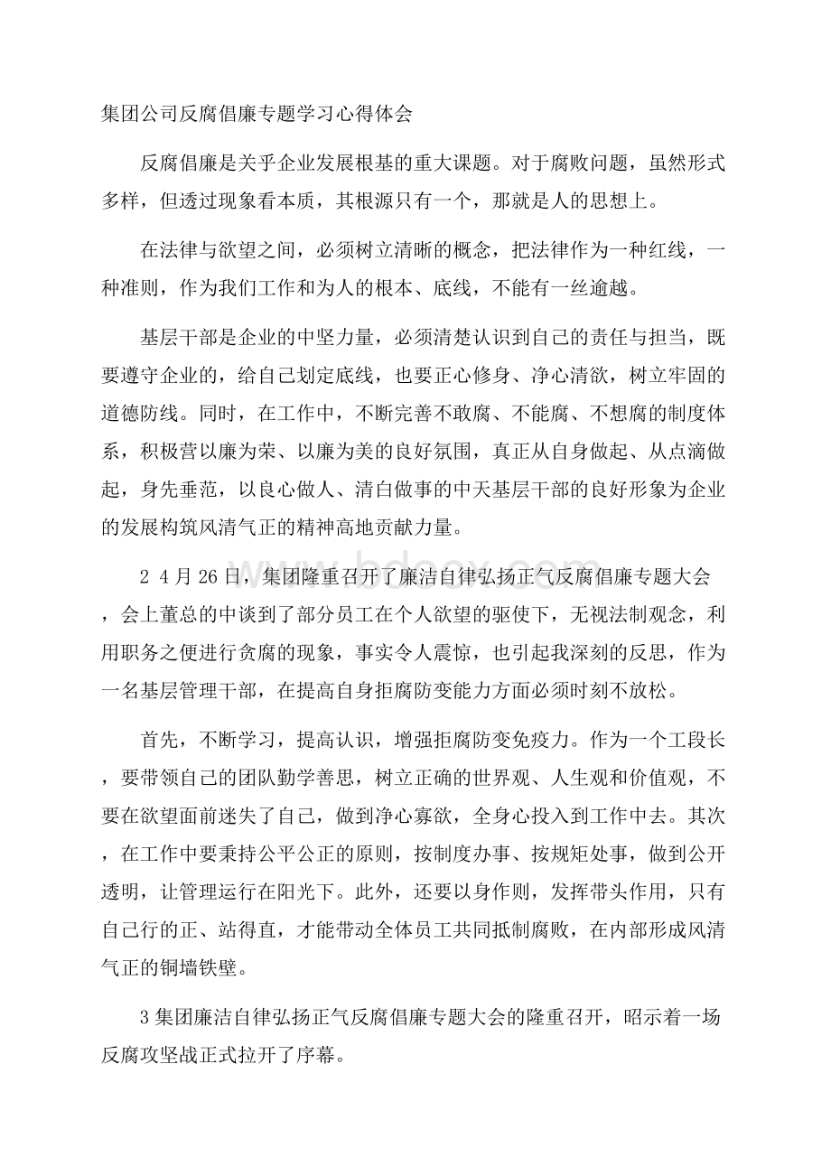 集团公司反腐倡廉专题学习心得体会.docx_第1页