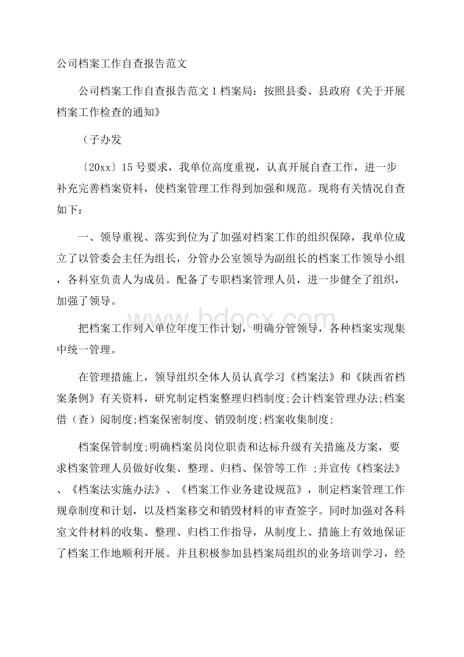 公司档案工作自查报告范文.docx