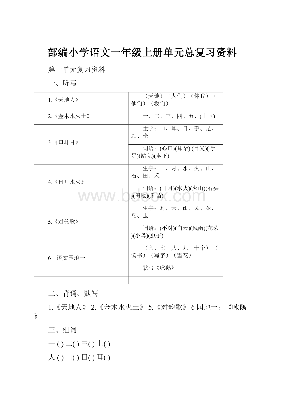 部编小学语文一年级上册单元总复习资料.docx_第1页