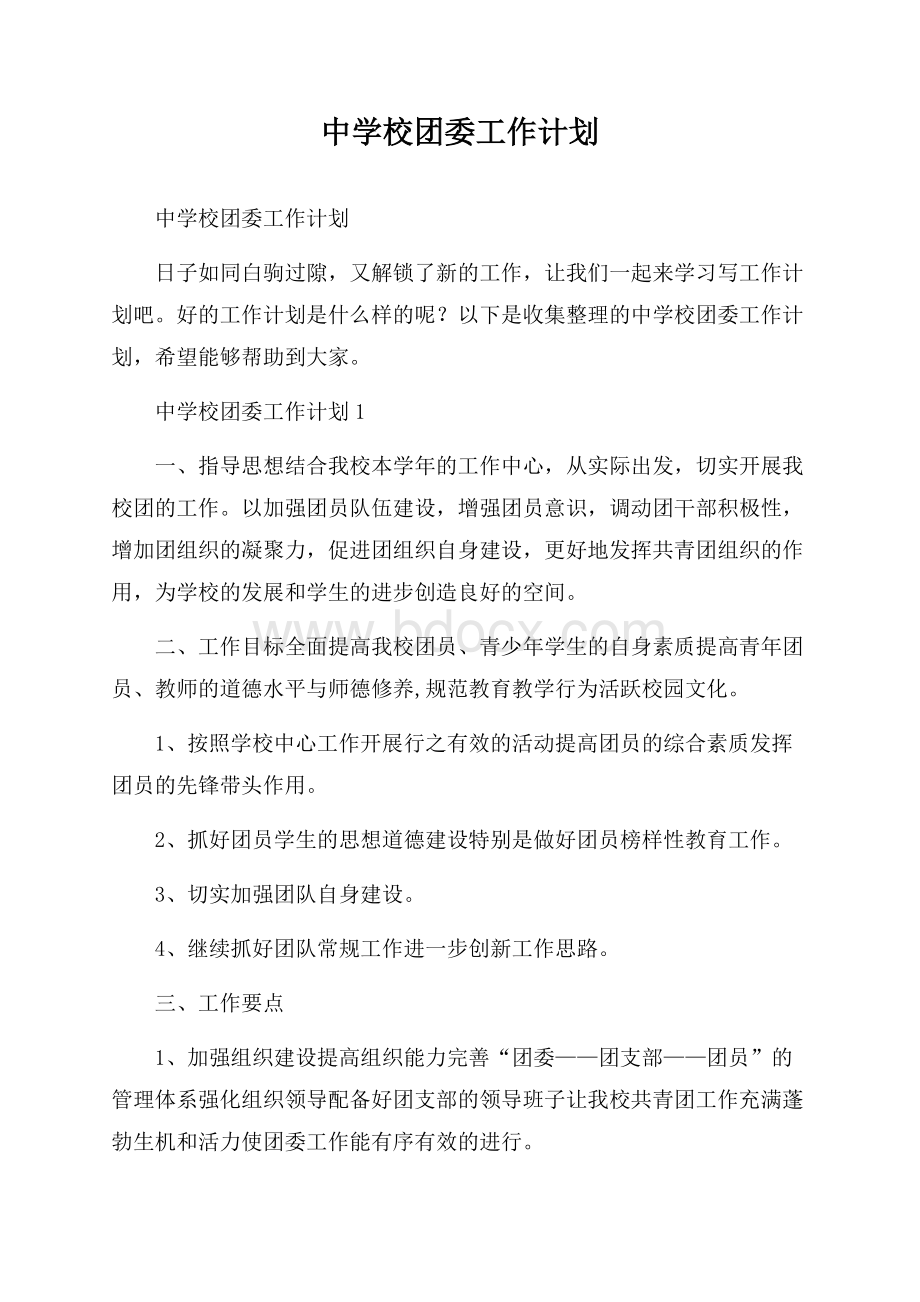 中学校团委工作计划.docx