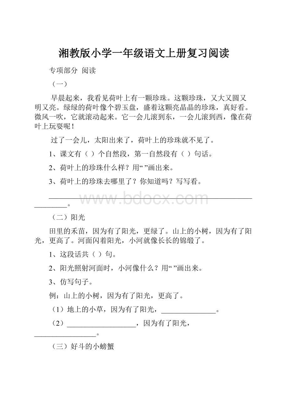 湘教版小学一年级语文上册复习阅读.docx