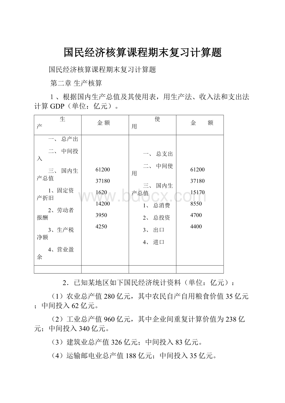 国民经济核算课程期末复习计算题.docx