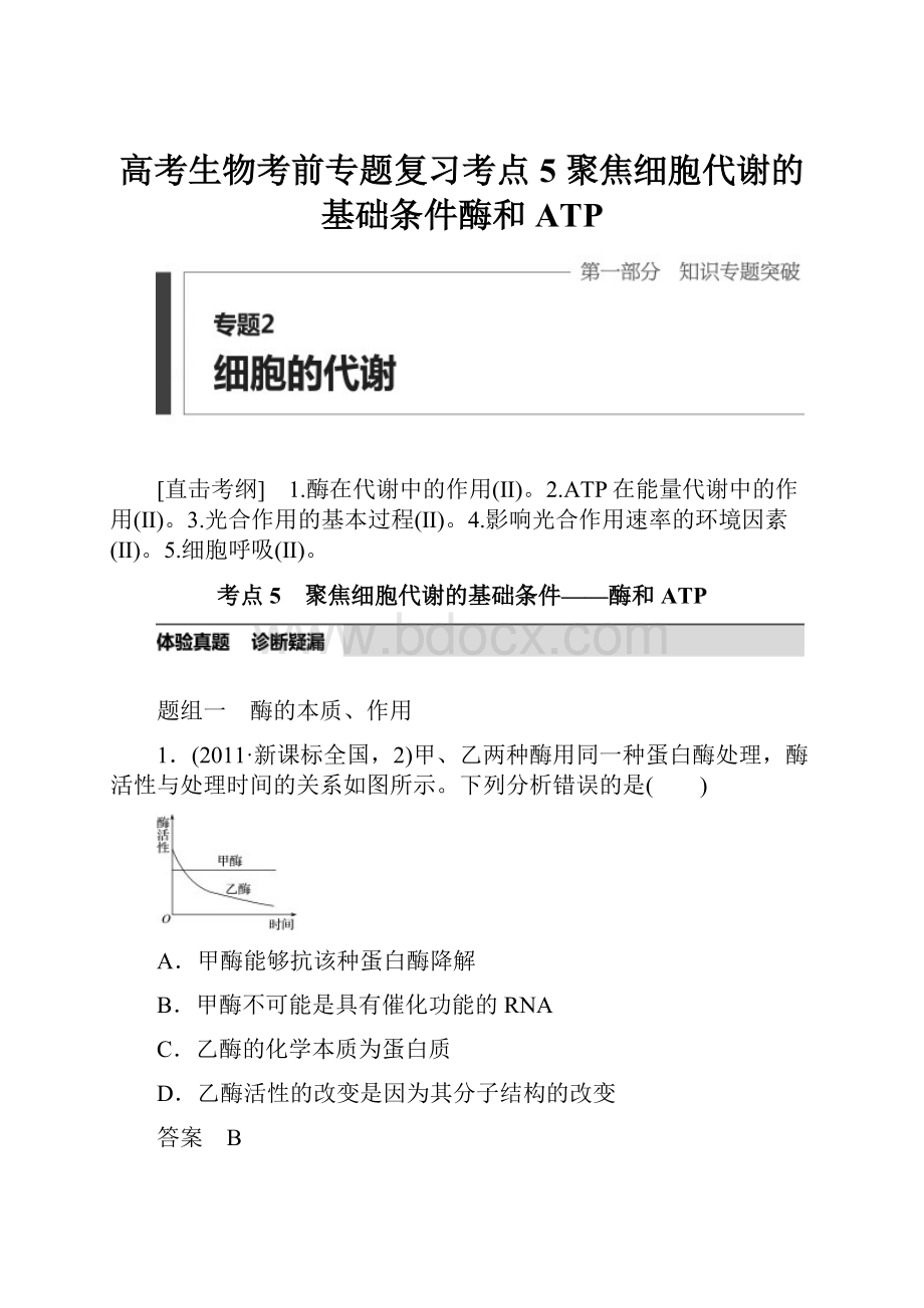 高考生物考前专题复习考点5 聚焦细胞代谢的基础条件酶和ATP.docx