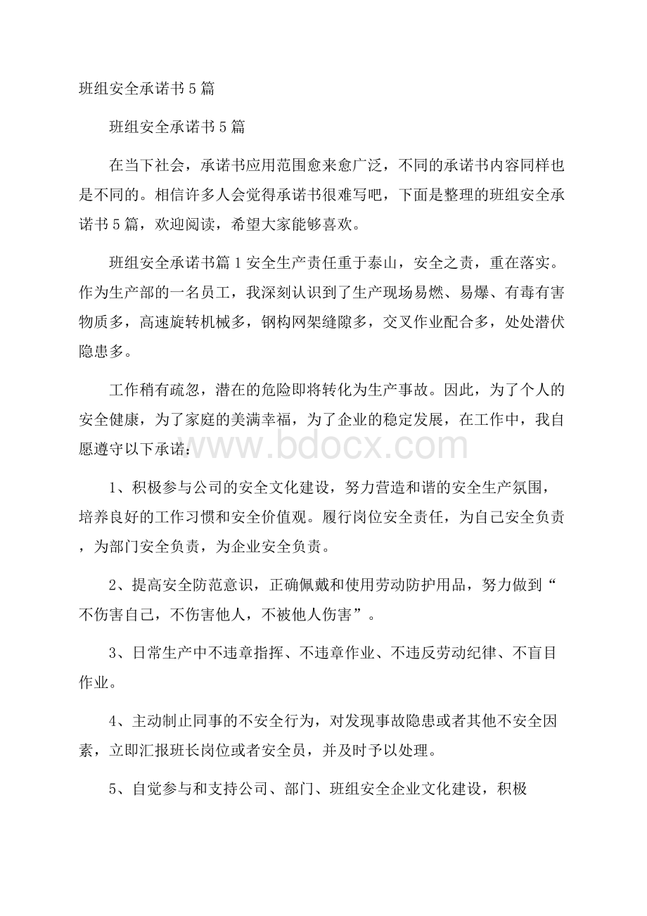 班组安全承诺书5篇.docx_第1页