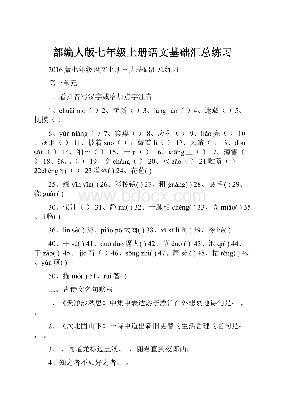 部编人版七年级上册语文基础汇总练习.docx