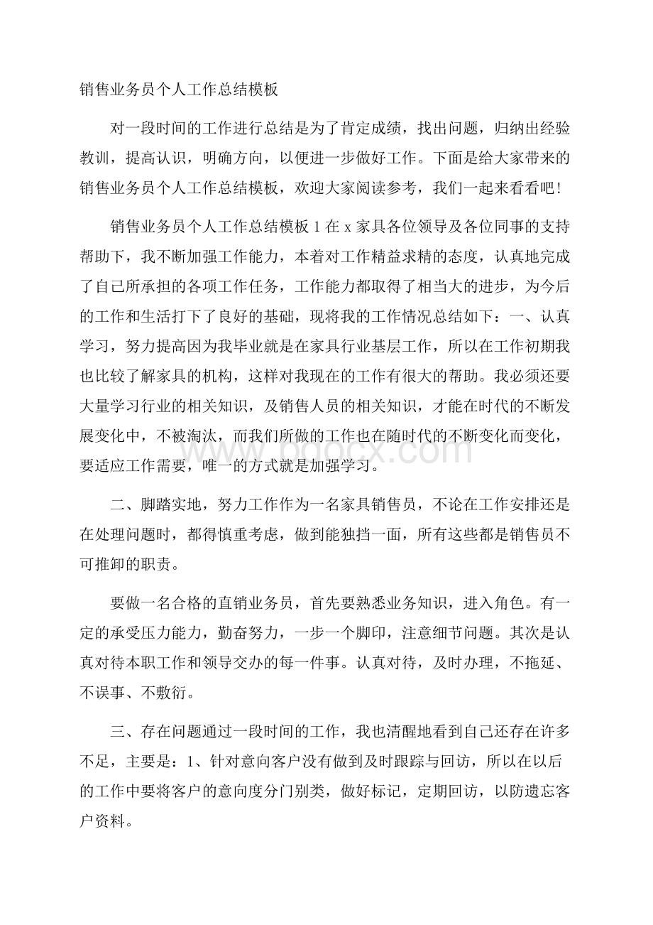 销售业务员个人工作总结模板.docx_第1页