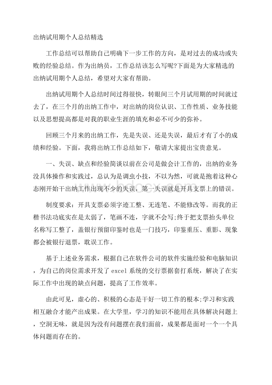 出纳试用期个人总结精选.docx