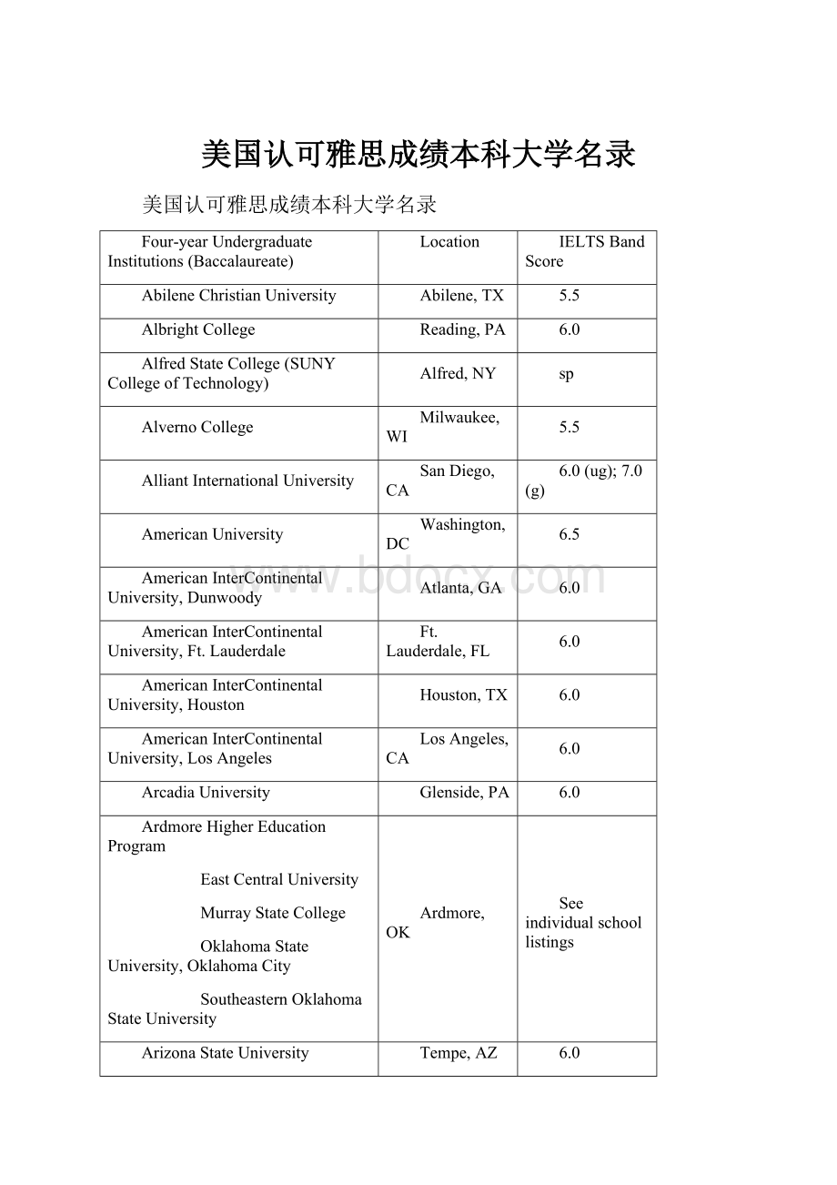 美国认可雅思成绩本科大学名录.docx_第1页