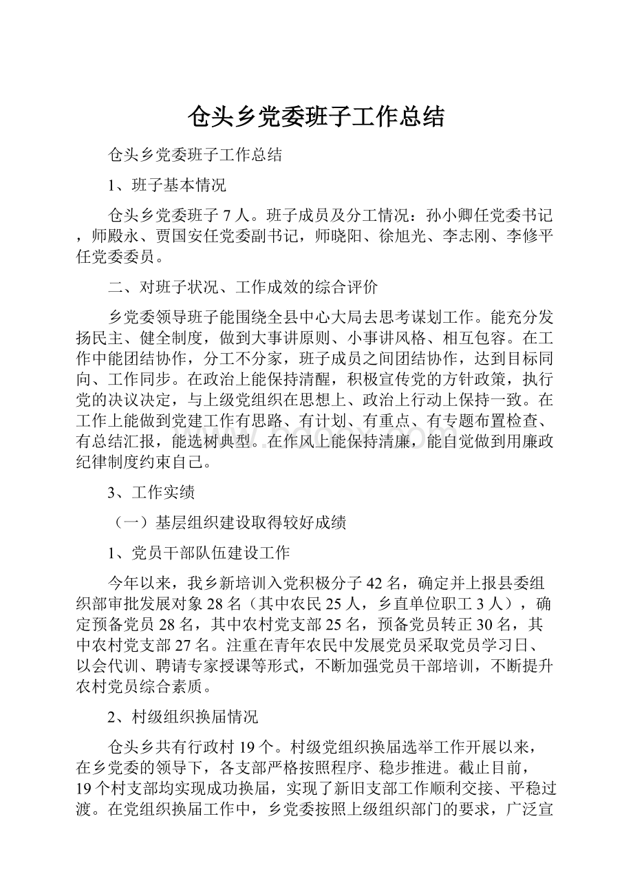 仓头乡党委班子工作总结.docx