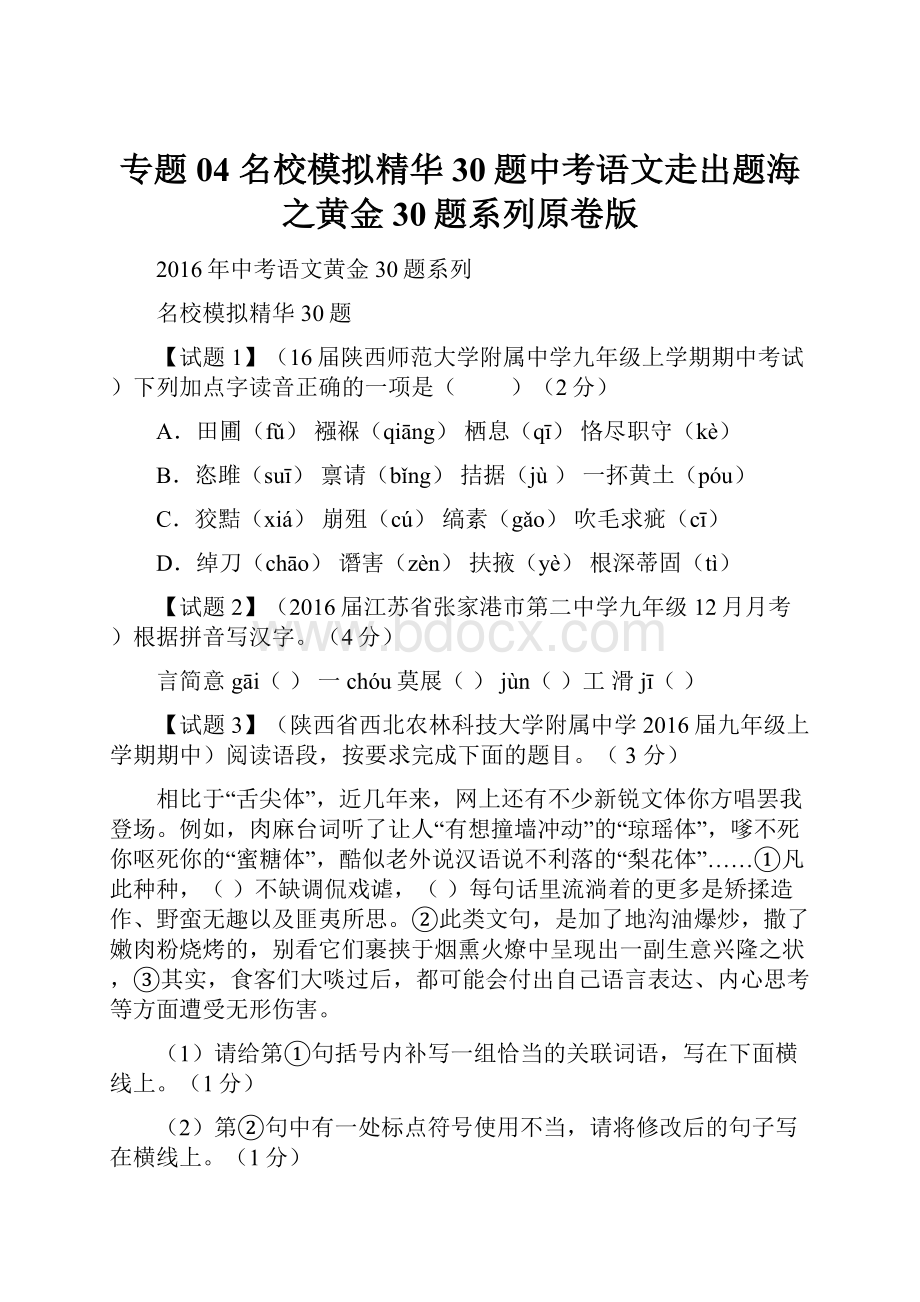 专题04 名校模拟精华30题中考语文走出题海之黄金30题系列原卷版.docx_第1页