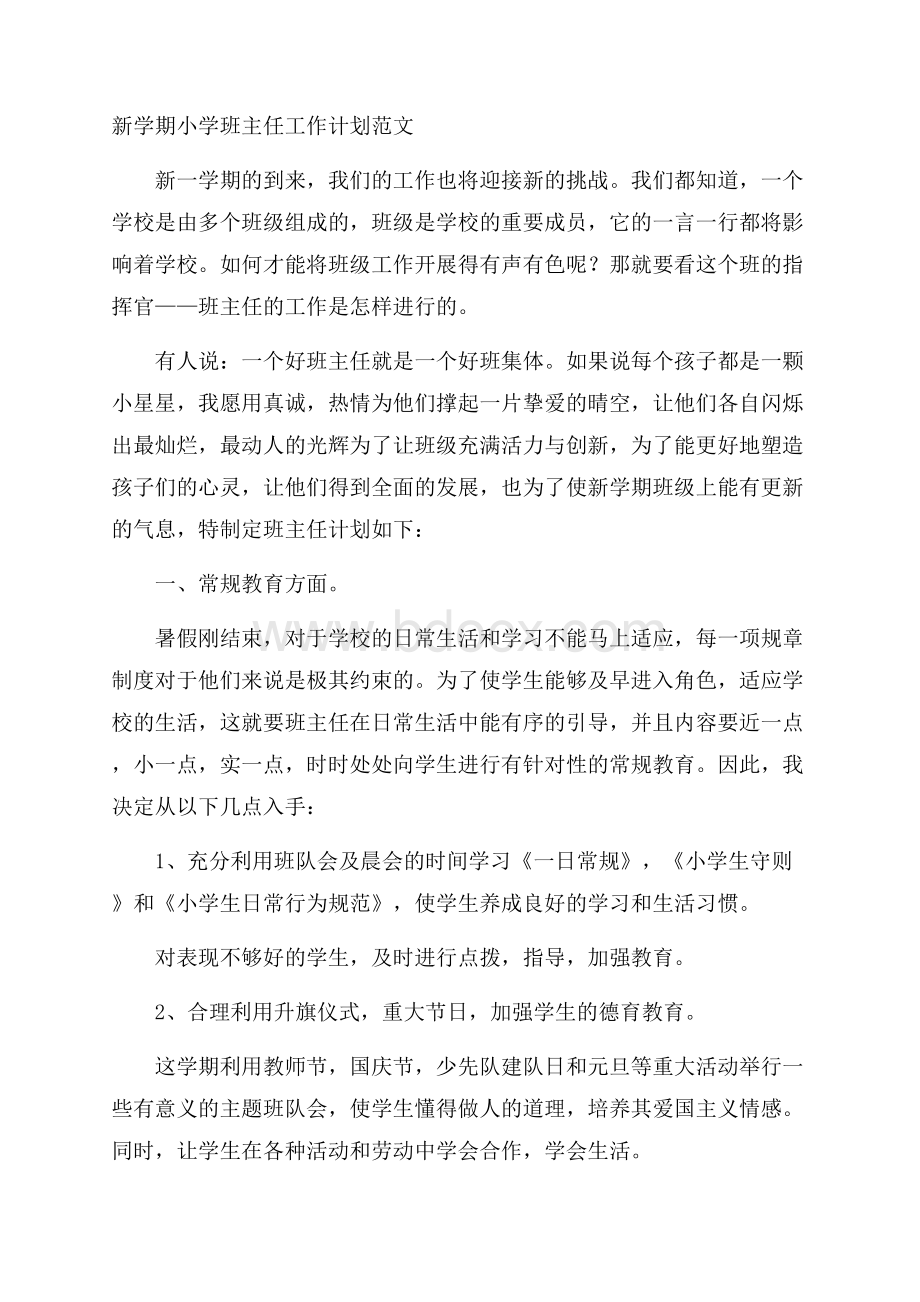 新学期小学班主任工作计划范文.docx