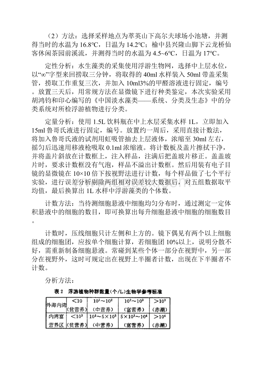 正稿淡水藻类植物的采集鉴定和水质分析实验报告.docx_第2页