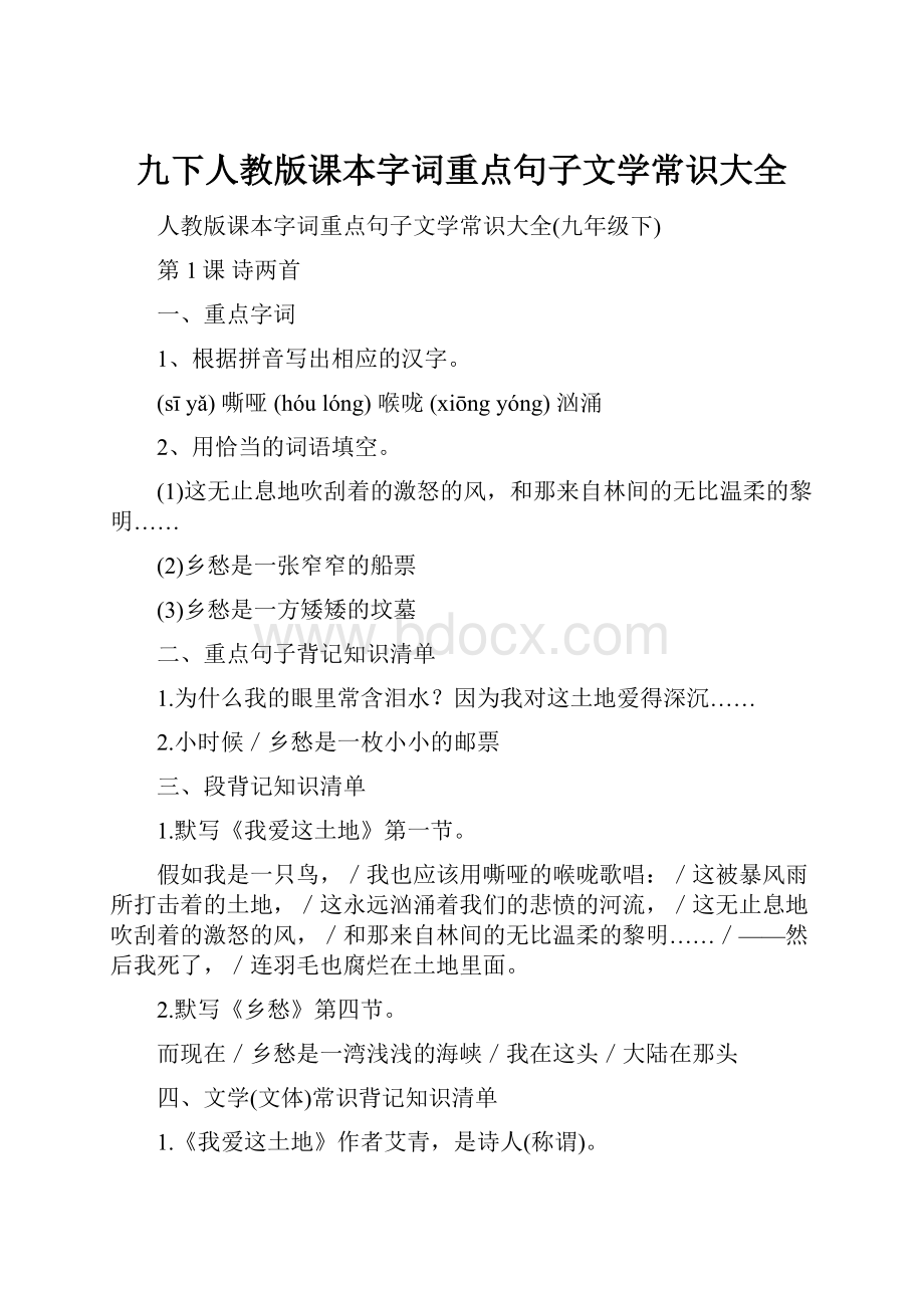 九下人教版课本字词重点句子文学常识大全.docx