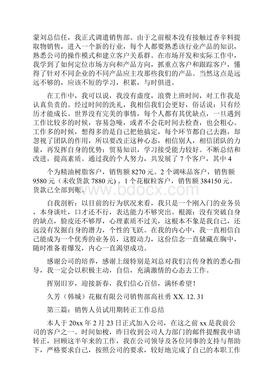 销售人员转正个人总结多篇范文与销售代表个人年终总结汇编.docx_第3页