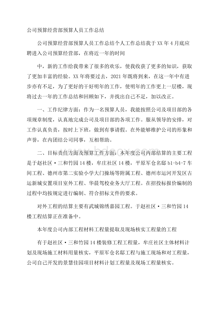 公司预算经营部预算人员工作总结.docx_第1页