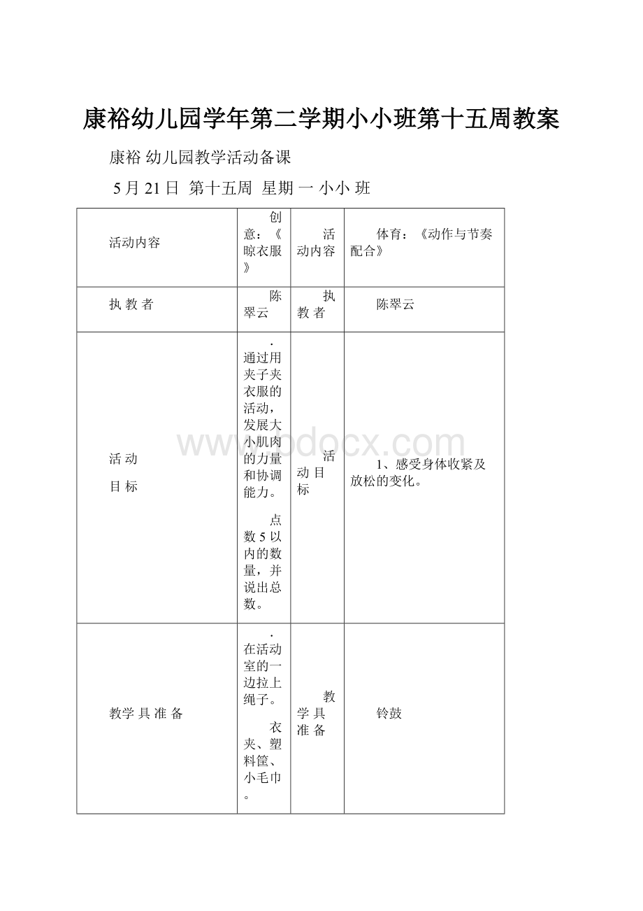 康裕幼儿园学年第二学期小小班第十五周教案.docx_第1页