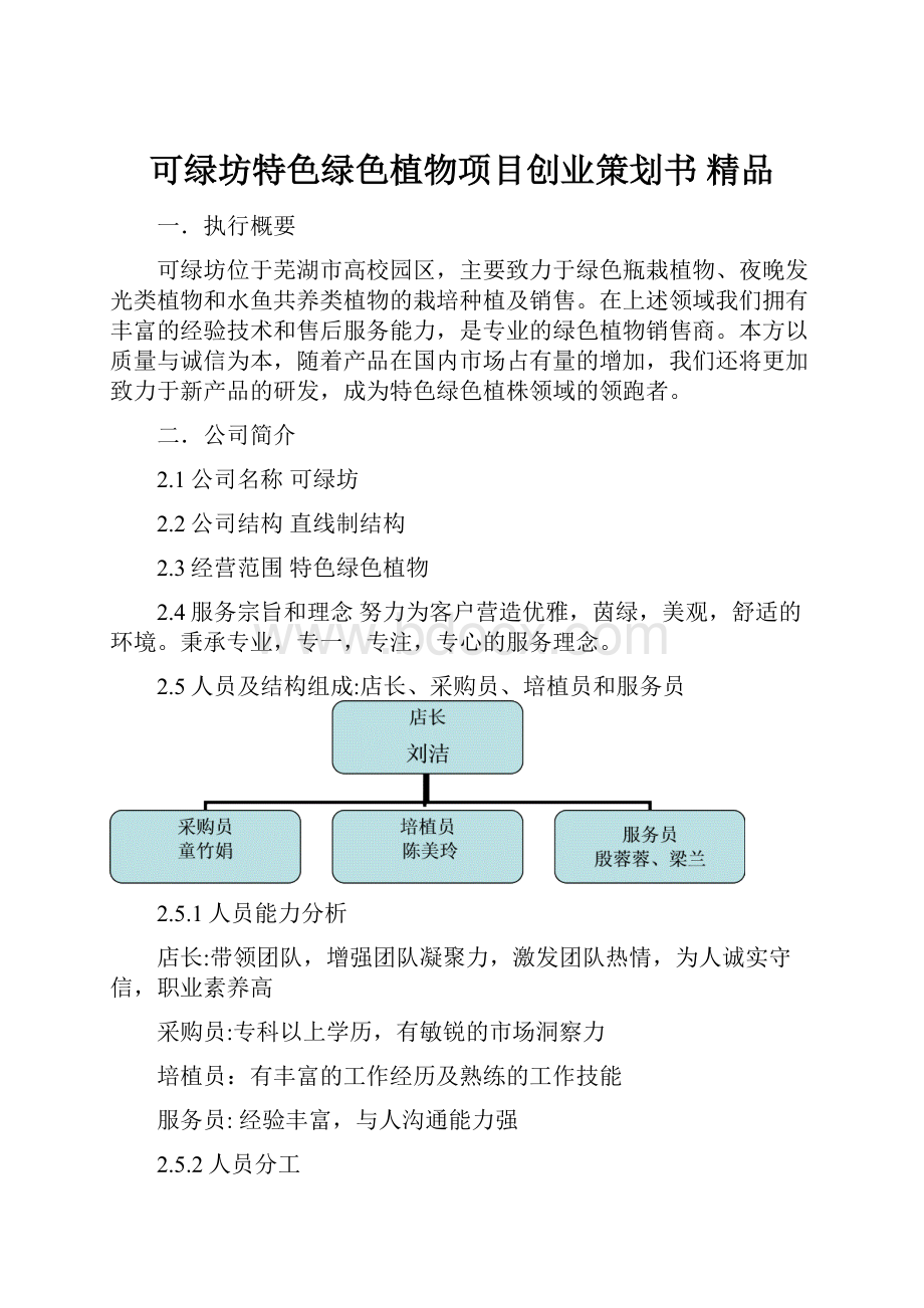 可绿坊特色绿色植物项目创业策划书 精品.docx_第1页