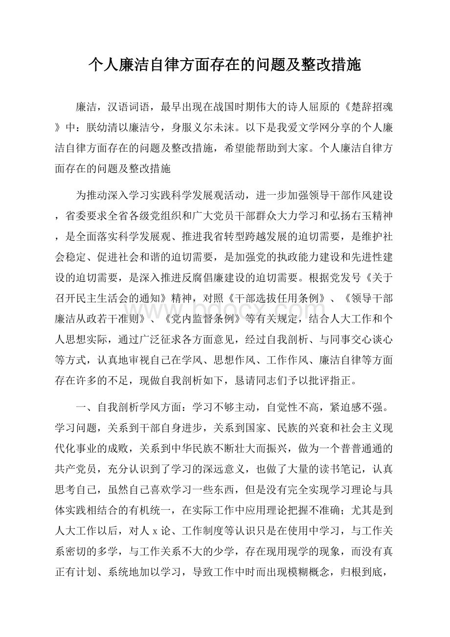 个人廉洁自律方面存在的问题及整改措施.docx_第1页