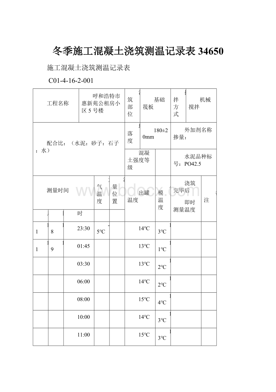 冬季施工混凝土浇筑测温记录表34650.docx_第1页