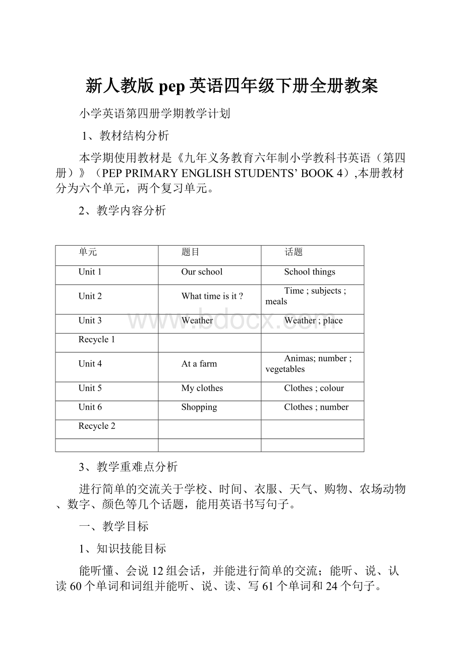 新人教版pep英语四年级下册全册教案.docx_第1页