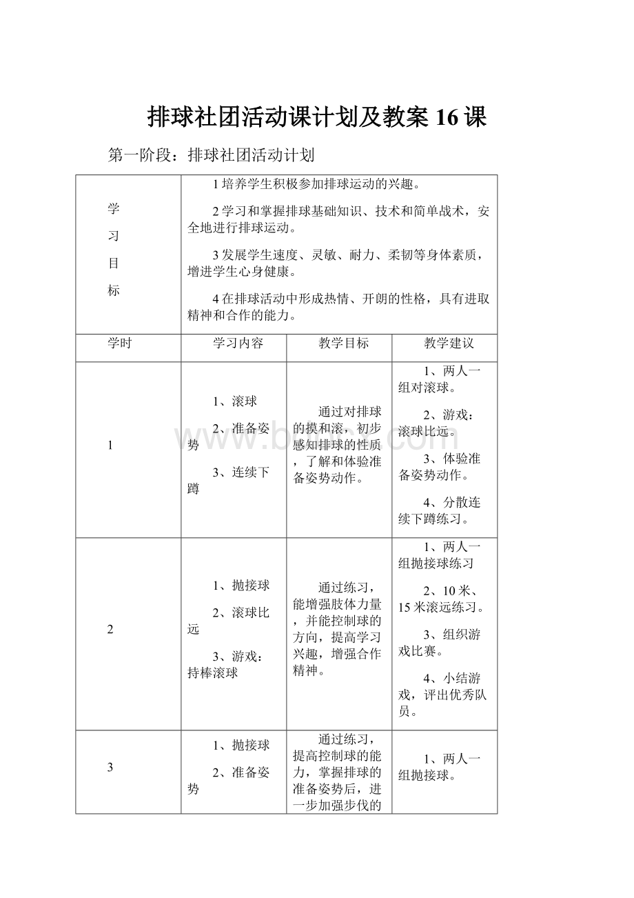 排球社团活动课计划及教案16课.docx