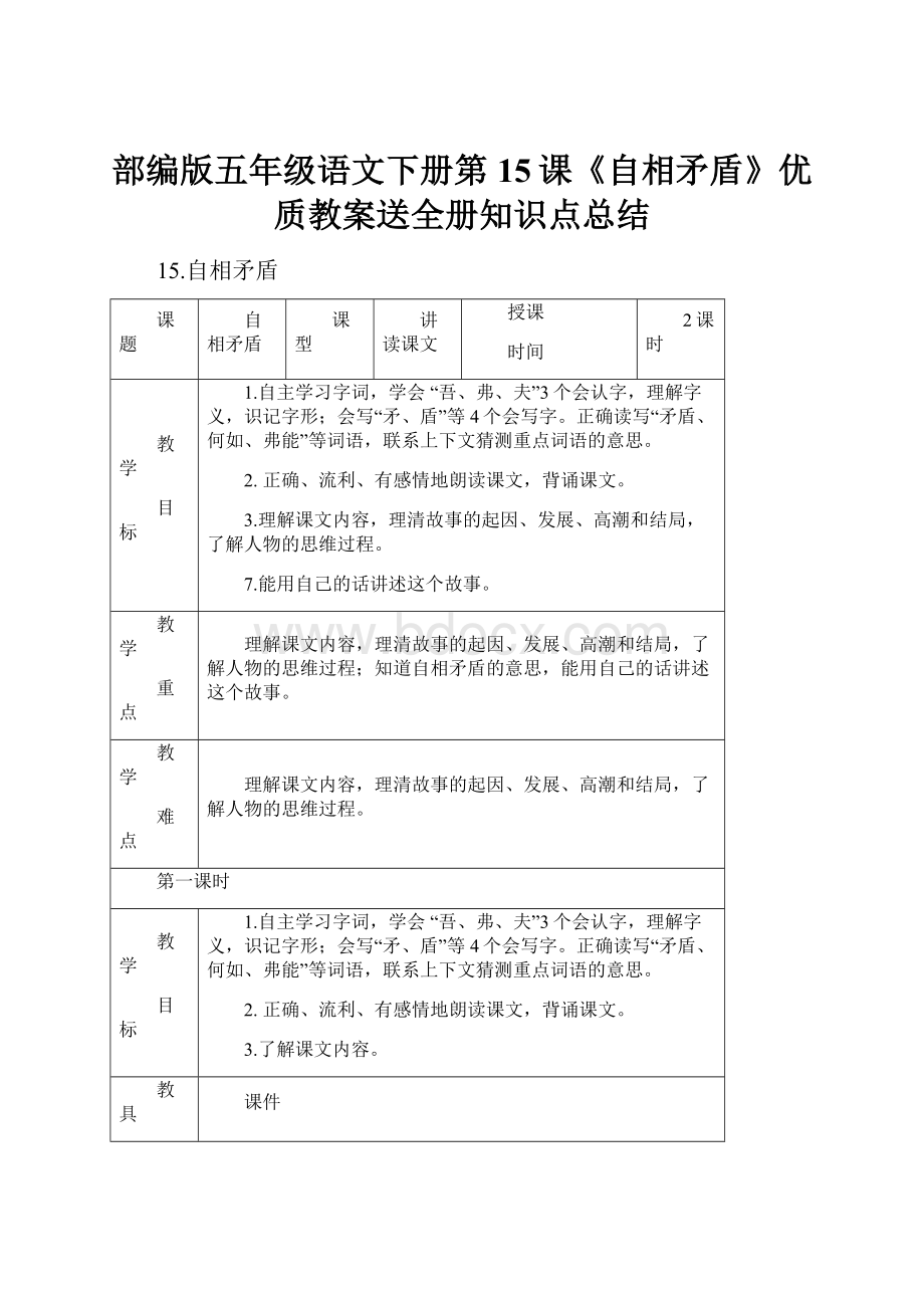 部编版五年级语文下册第15课《自相矛盾》优质教案送全册知识点总结.docx_第1页