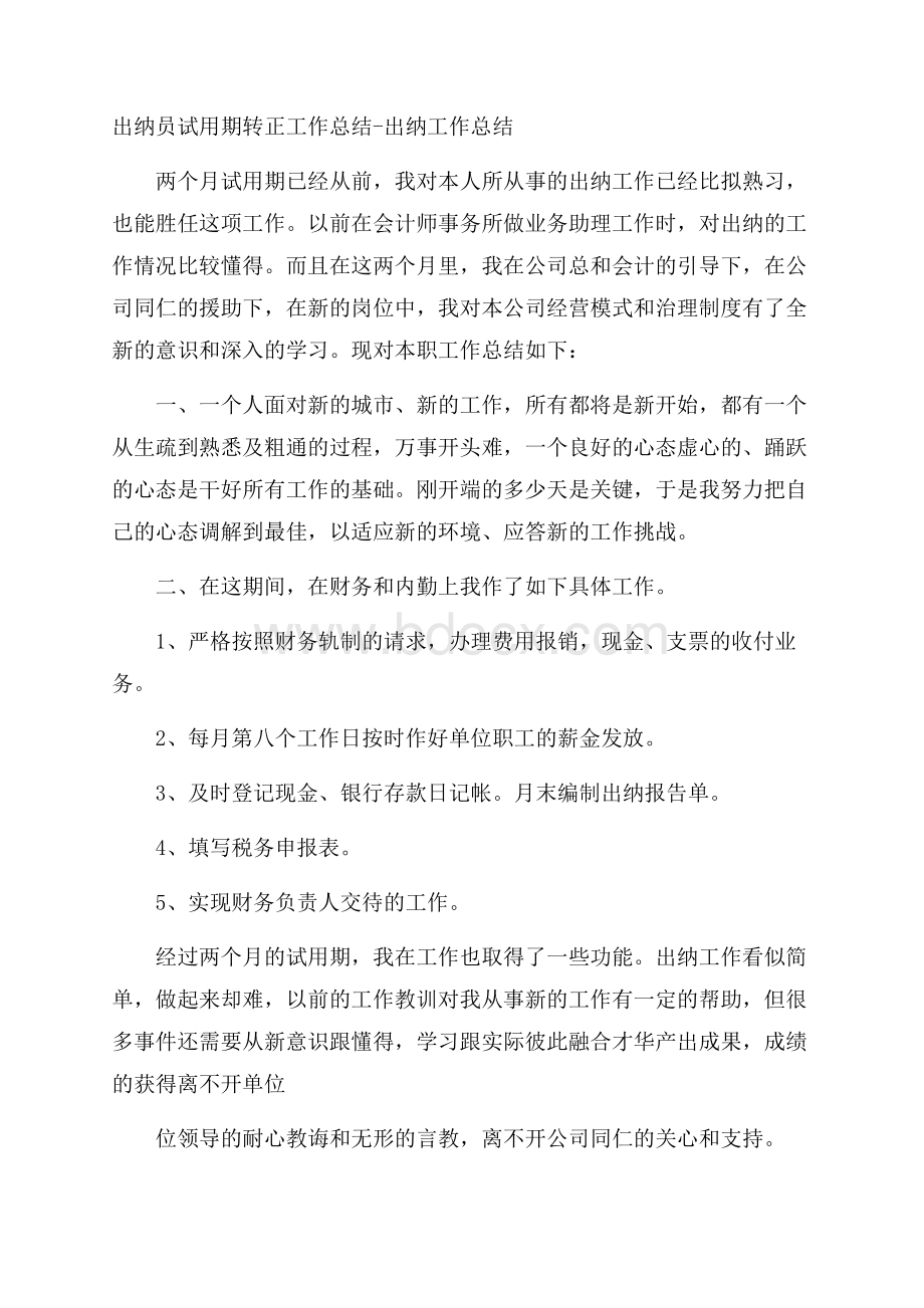 出纳员试用期转正工作总结出纳工作总结.docx