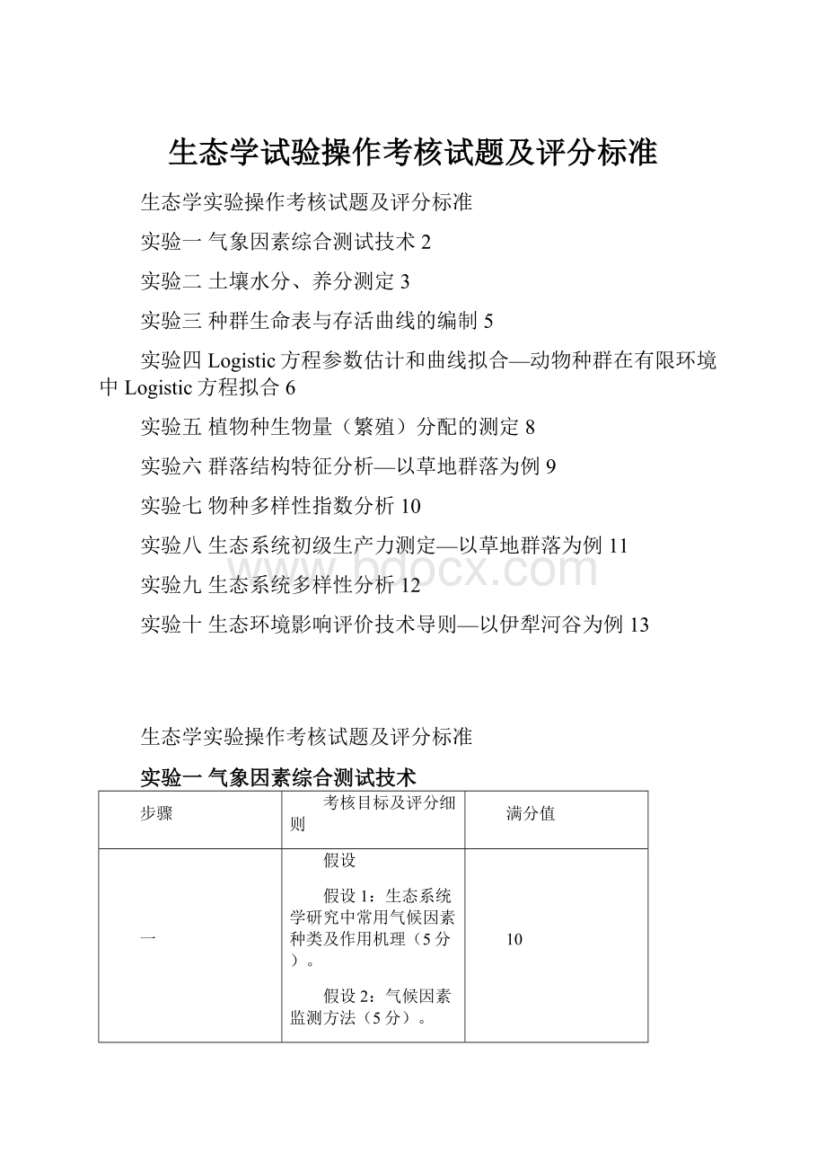 生态学试验操作考核试题及评分标准.docx_第1页