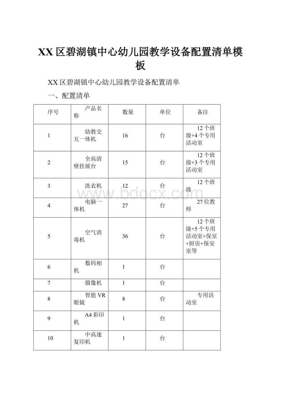 XX区碧湖镇中心幼儿园教学设备配置清单模板.docx