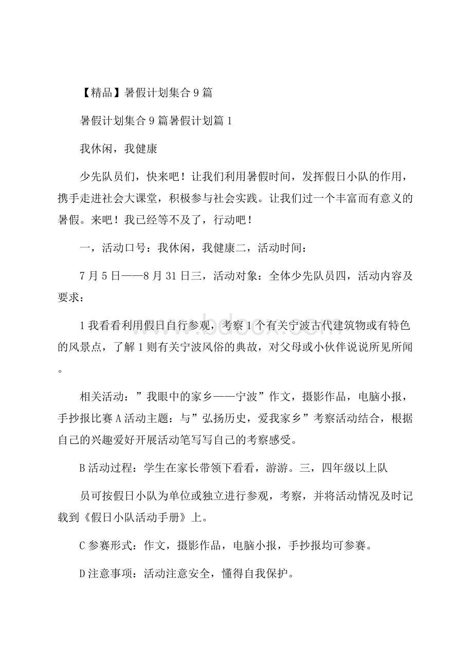 精品暑假计划集合9篇.docx_第1页