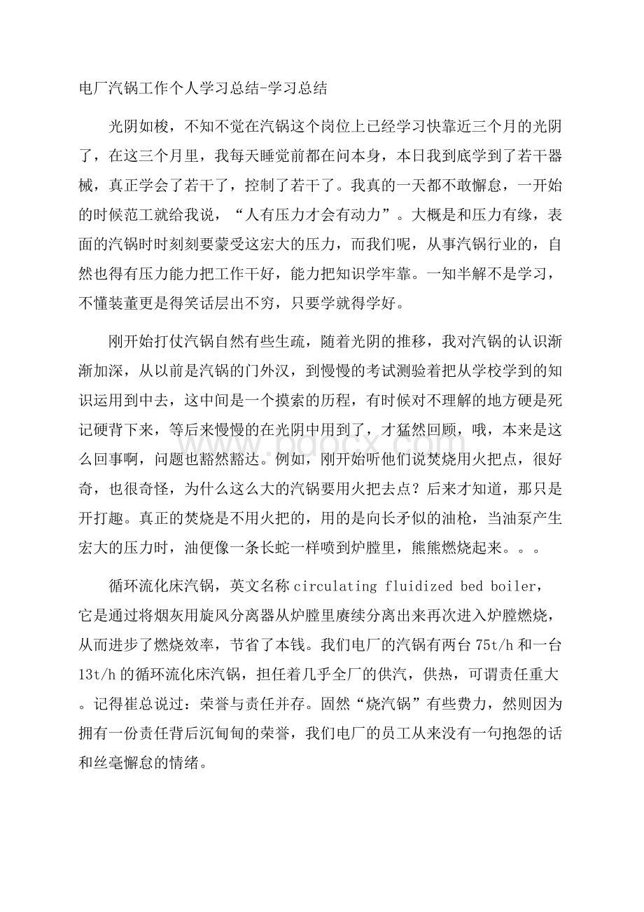 电厂汽锅工作个人学习总结学习总结.docx