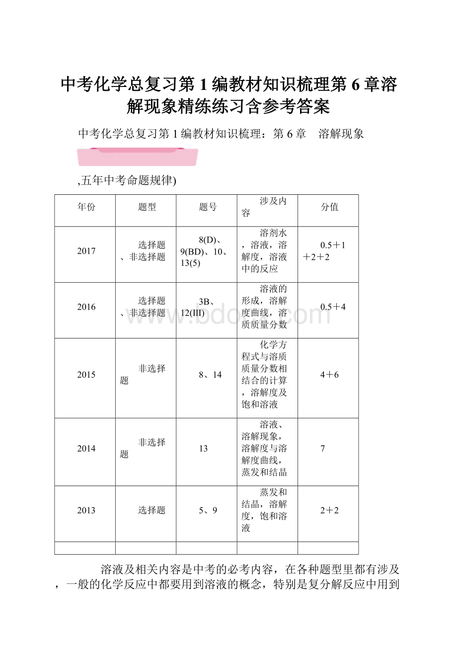 中考化学总复习第1编教材知识梳理第6章溶解现象精练练习含参考答案.docx_第1页