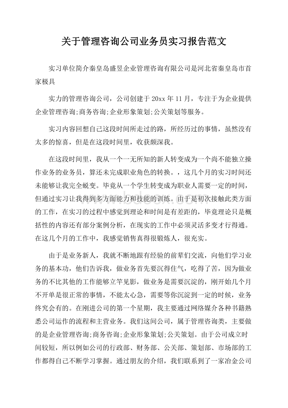 关于管理咨询公司业务员实习报告范文.docx