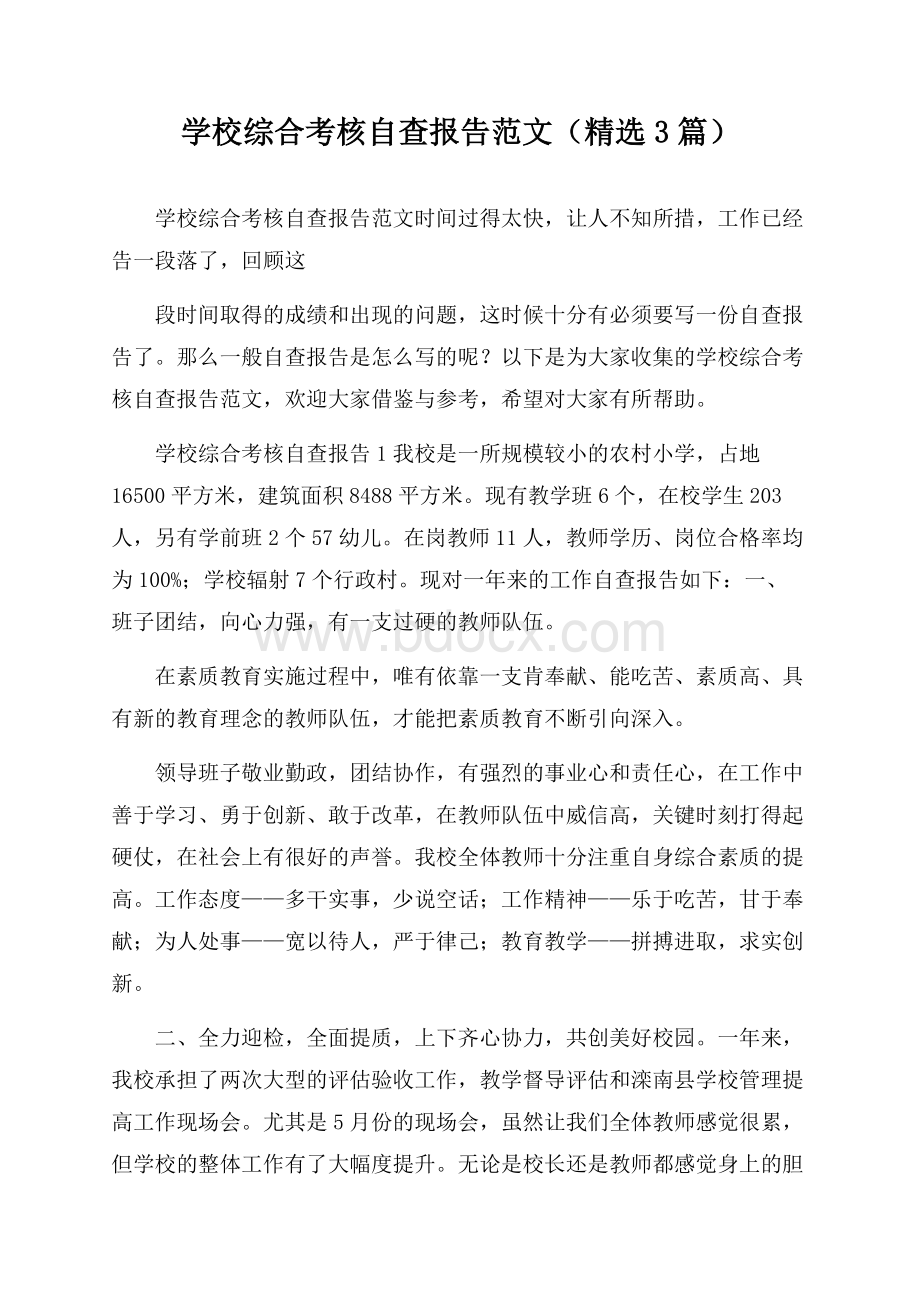 学校综合考核自查报告范文(精选3篇).docx