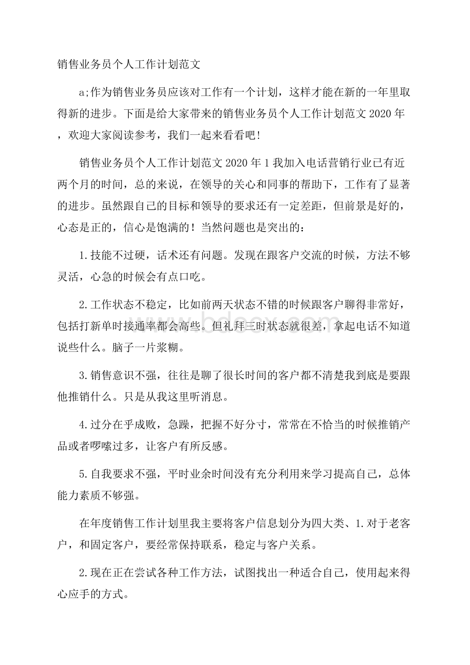 销售业务员个人工作计划范文.docx_第1页