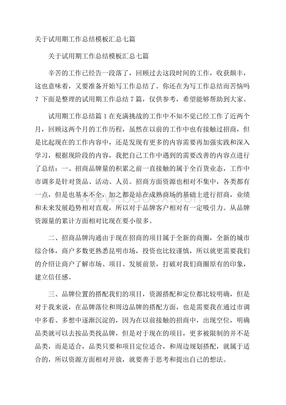 关于试用期工作总结模板汇总七篇.docx