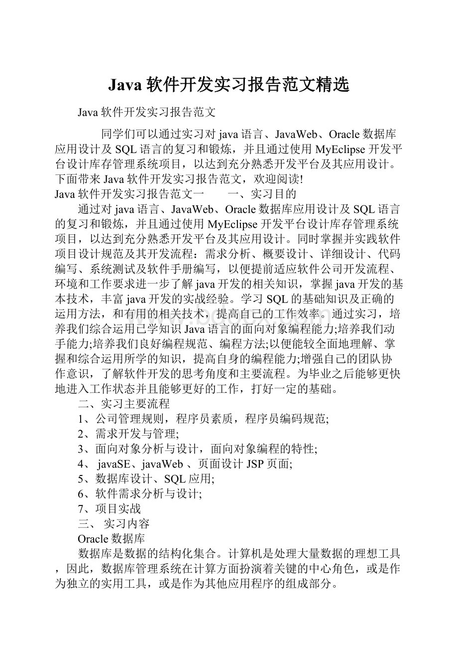 Java软件开发实习报告范文精选.docx_第1页