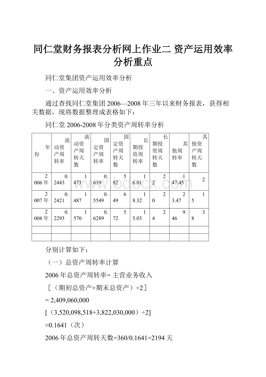 同仁堂财务报表分析网上作业二 资产运用效率分析重点.docx