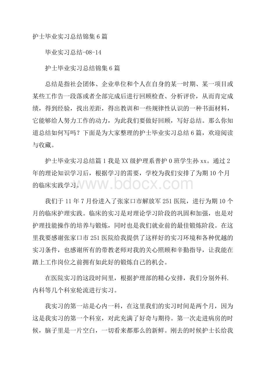 护士毕业实习总结锦集6篇.docx_第1页