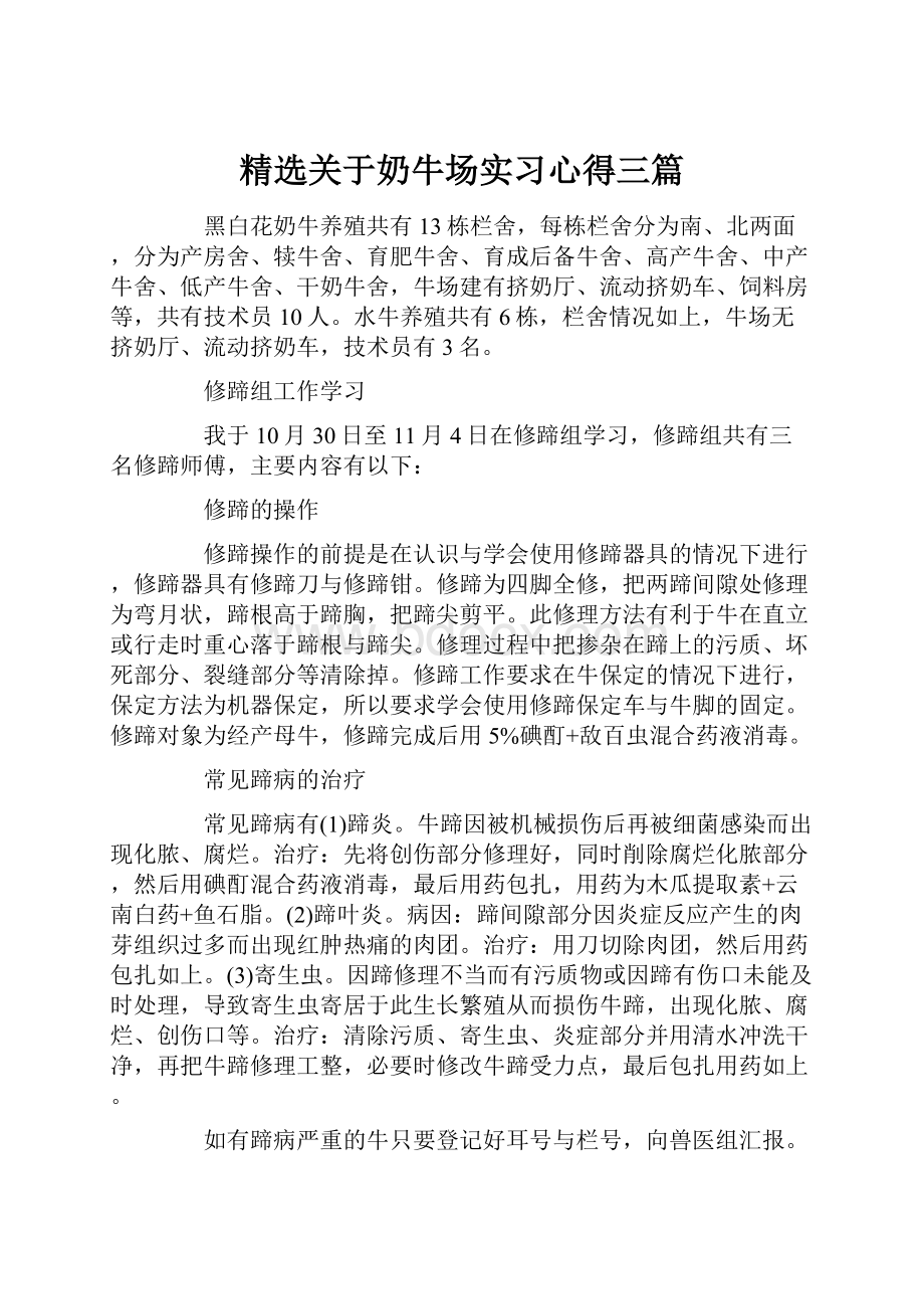 精选关于奶牛场实习心得三篇.docx