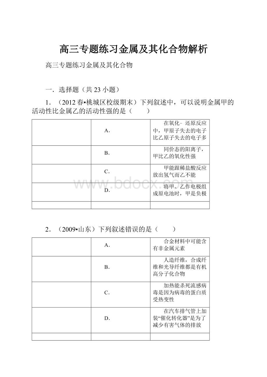 高三专题练习金属及其化合物解析.docx_第1页