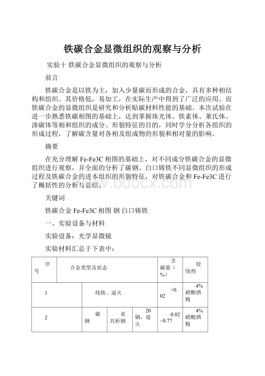 铁碳合金显微组织的观察与分析.docx_第1页