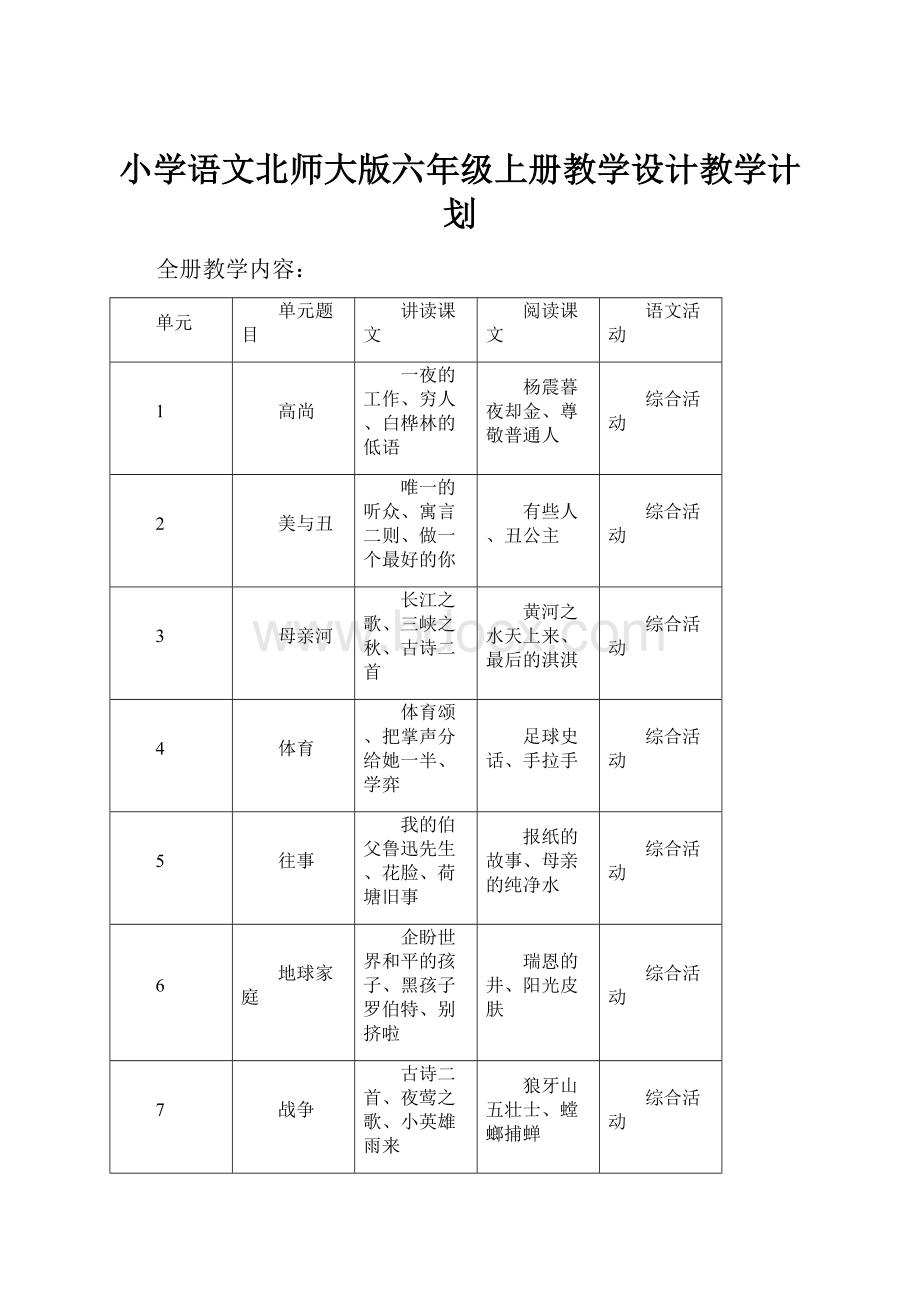 小学语文北师大版六年级上册教学设计教学计划.docx