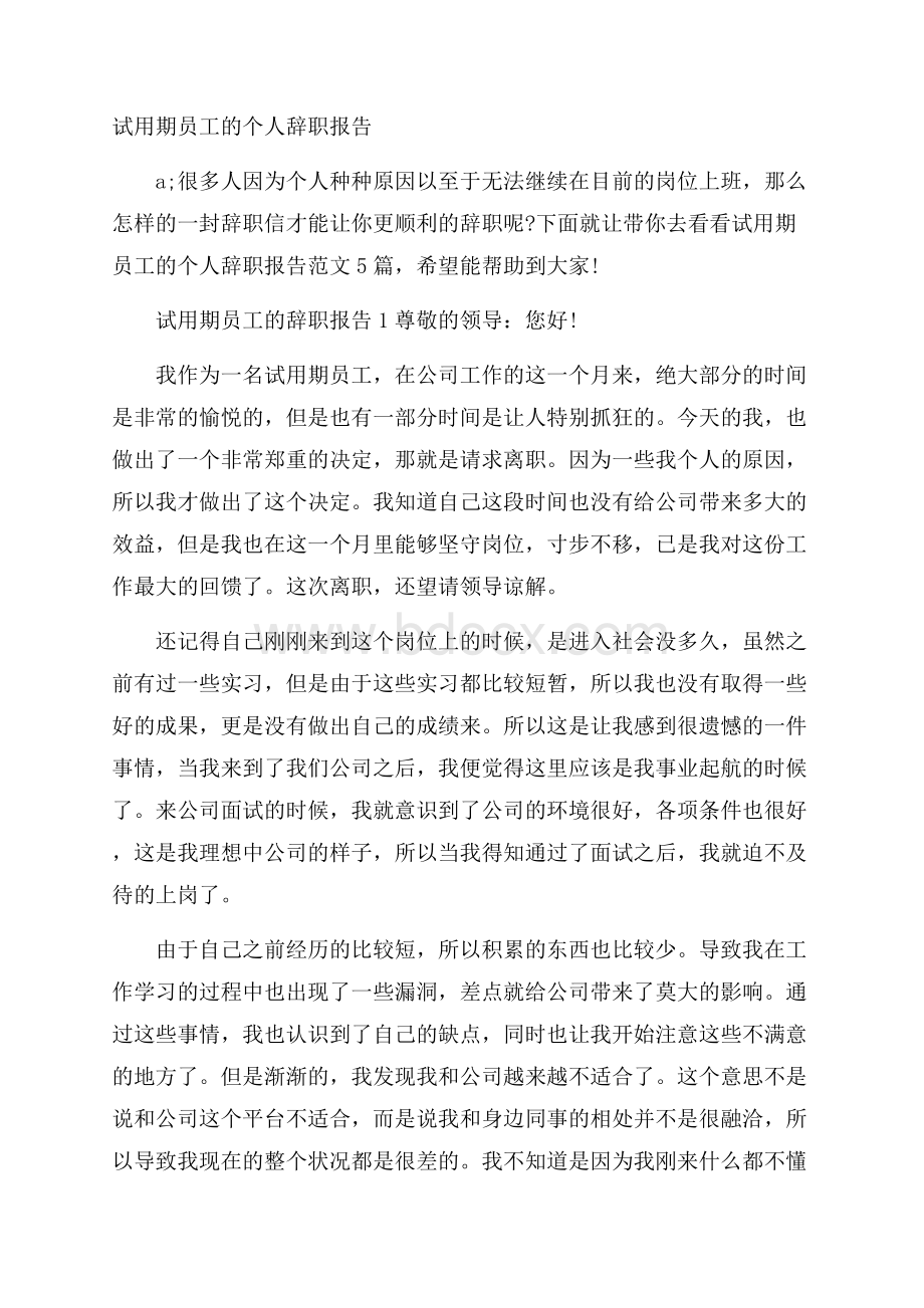 试用期员工的个人辞职报告.docx